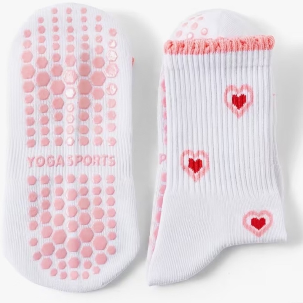 Yoga Sports Grip Socks Women One Size White Pink New Heart Print Non-slip Crew
